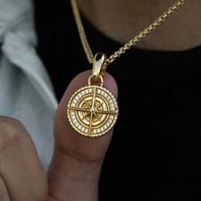 1.70Ct Round Cut Real Moissanite Compass Men's Pendant 14K Yellow Gold Plated