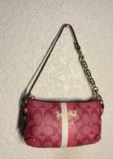 Coach Pink Signature Stripe Small Zip Shoulder Bag w/ Chain Strap & Charm