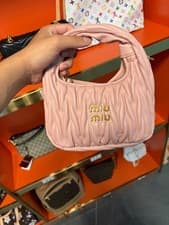 Blush Pink Gathered Leather Mini Underarm Bag Gold Metal Logo Zipper Closure Dai
