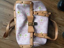 Pink Floral Shoulder Bag Tan Trim Buckle Closure Adjustable Strap Gold Charm
