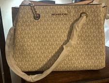 Michael Kors Large Logo Tote Bag Beige/Brown Zip Detachable Strap Gold