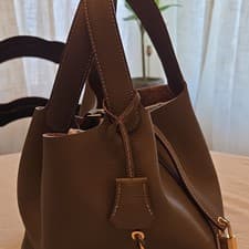 Brown Gray Pebbled Bucket Top Handle Bag Buckle Closure Gold Hardware Lock Charm
