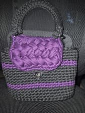 Handmade Colorblock Top Handle Purse Bag Purple Gray Snap Closure Silver