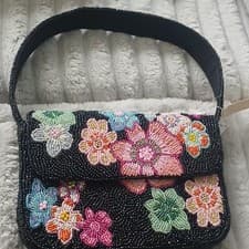 Women’s Black Beaded Floral Top Handle Bag Purse, Magnetic Closure