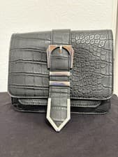 Women’s Black Croc Embossed Crossbody Bag, Detachable Strap, Magnetic Buckle