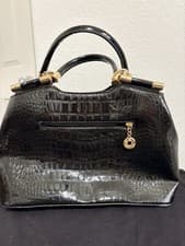 Women’s Black Patent Satchel Top Handle Bag, Animal Print, Gold Hardware, Zip
