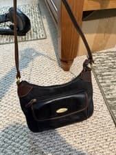 Women’s Black/Brown Crescent Shoulder Bag Zip Top Outer Pocket Gold Hardware
