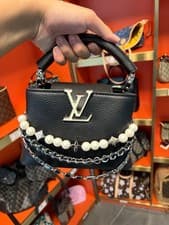 Small Black Cowhide Top Handle Bag Decorative Pearl & Star Chain Convertible Cro