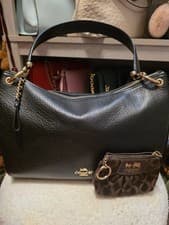 Coach Black Pebbled Shoulder Bag Gold Hardware Zip + Coin Purse Medium